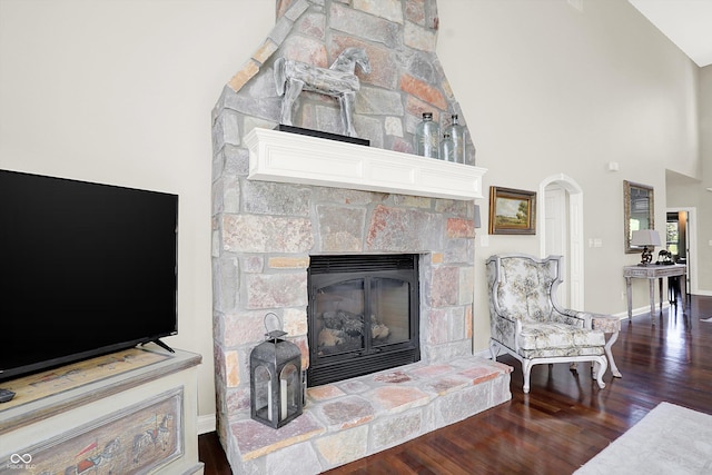 3441 S Overlook Pass, New Palestine, IN 46163 - living area with wood finished floors, a stone fireplace, and high vaulted ceiling
