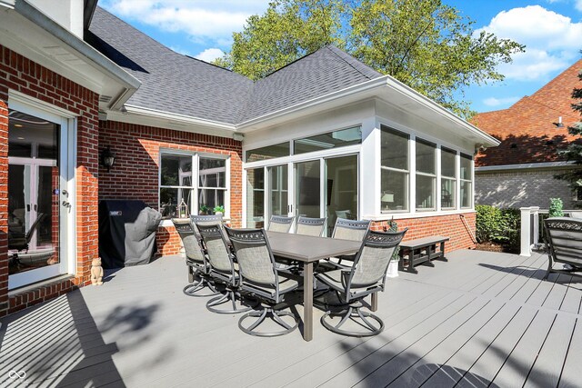 3441 S Overlook Pass, New Palestine, IN 46163 - wooden terrace featuring outdoor dining space, a sunroom, and area for grilling