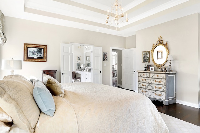 3441 S Overlook Pass, New Palestine, IN 46163 - bedroom featuring a chandelier, dark wood finished floors, and a raised ceiling