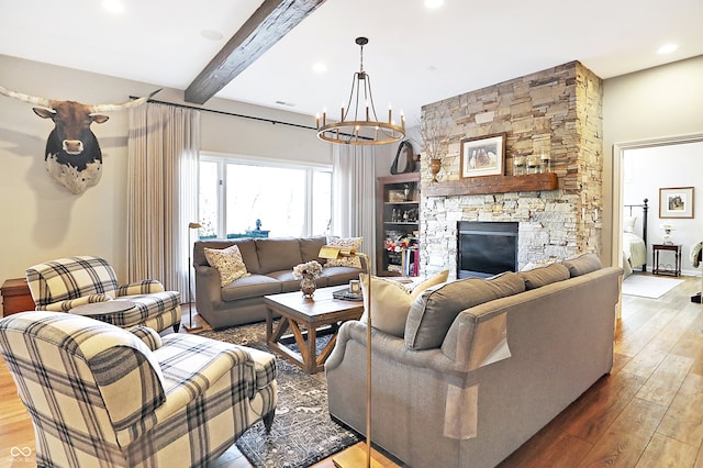 3441 S Overlook Pass, New Palestine, IN 46163 - living area featuring hardwood / wood-style floors, a chandelier, a fireplace, beamed ceiling, and recessed lighting