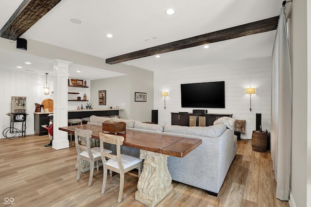 3441 S Overlook Pass, New Palestine, IN 46163 - living area with light wood-style flooring, wood walls, bar area, beam ceiling, and recessed lighting