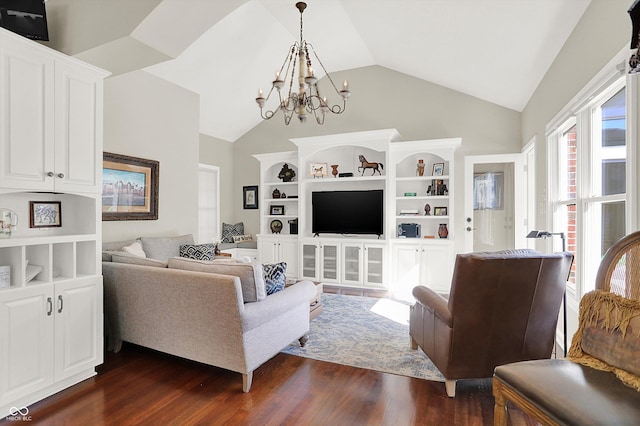 3441 S Overlook Pass, New Palestine, IN 46163 - living area with dark wood finished floors, a chandelier, and high vaulted ceiling