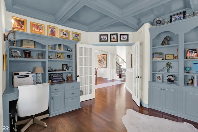 3441 S Overlook Pass, New Palestine, IN 46163 - home office featuring french doors, dark wood-style flooring, coffered ceiling, beamed ceiling, and built in features