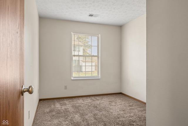 spare room featuring light colored carpet and a textured ceiling