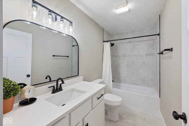 full bathroom with a textured ceiling, vanity, shower / tub combo, and toilet