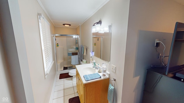 bathroom with vanity, crown molding, tile patterned flooring, toilet, and a shower with shower door