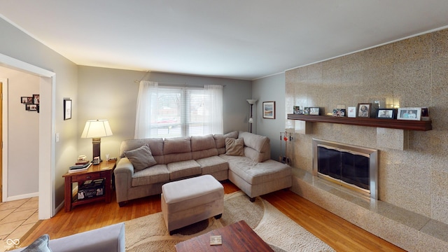 living room with a high end fireplace and light wood-type flooring