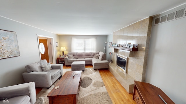 living room with light wood-type flooring and a high end fireplace