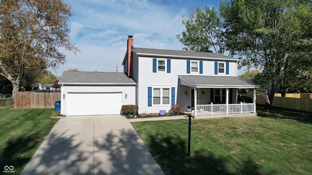 view of front facade featuring covered porch, a front yard, and a garage