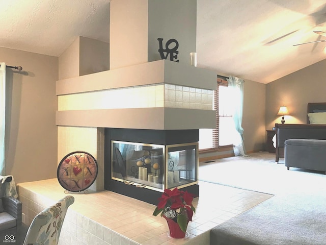 bedroom featuring carpet, a multi sided fireplace, lofted ceiling, and a textured ceiling