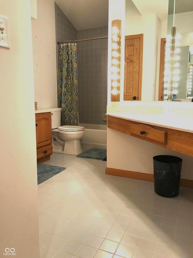 full bathroom featuring tile patterned flooring, vanity, shower / bath combination with curtain, and toilet