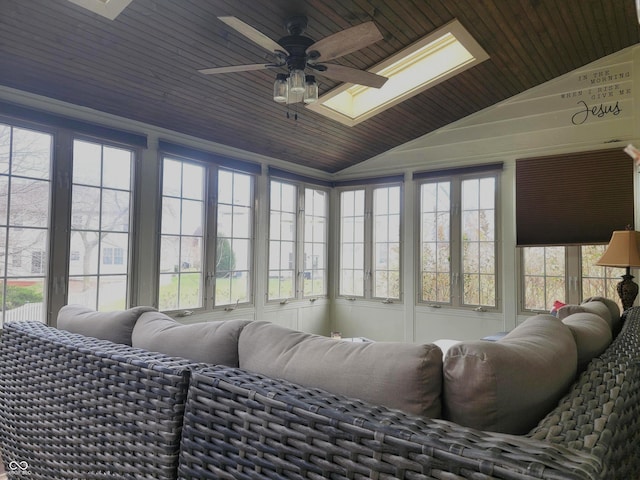 sunroom / solarium featuring lofted ceiling with skylight, ceiling fan, and wooden ceiling