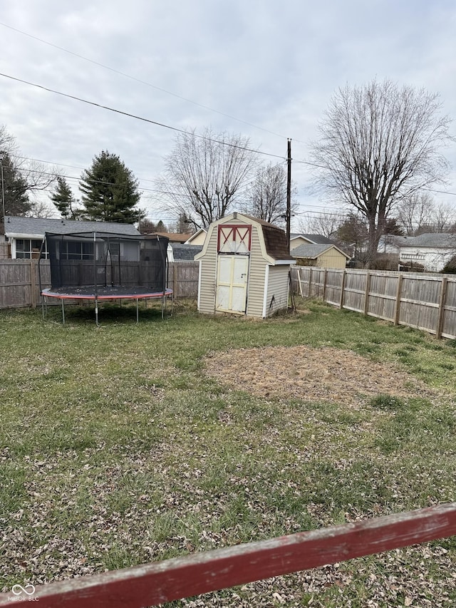 view of yard with a shed and a trampoline