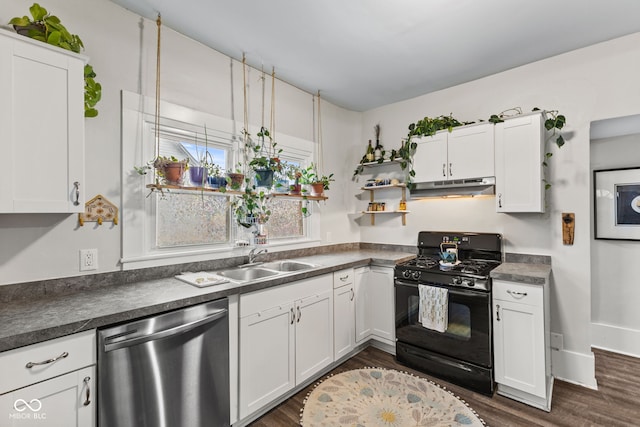 kitchen featuring white cabinets, dishwasher, gas stove, and sink