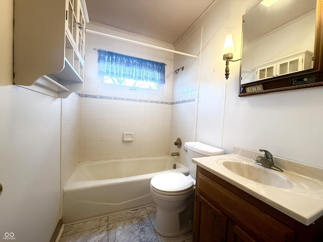 full bath with bathtub / shower combination, vanity, and toilet