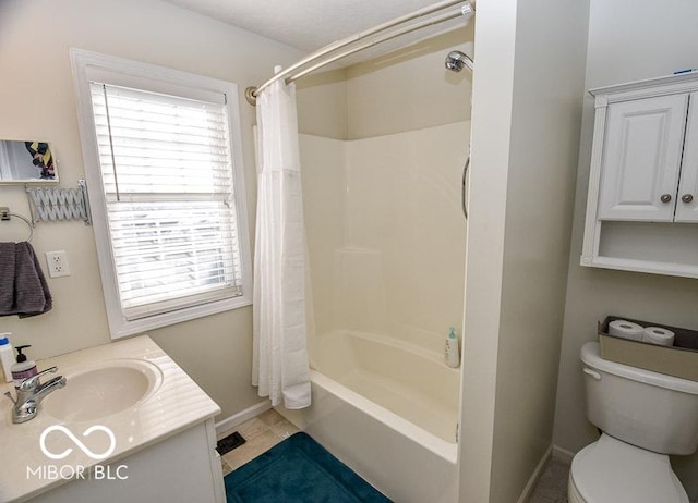 full bathroom featuring toilet, vanity, shower / tub combo with curtain, and tile patterned flooring