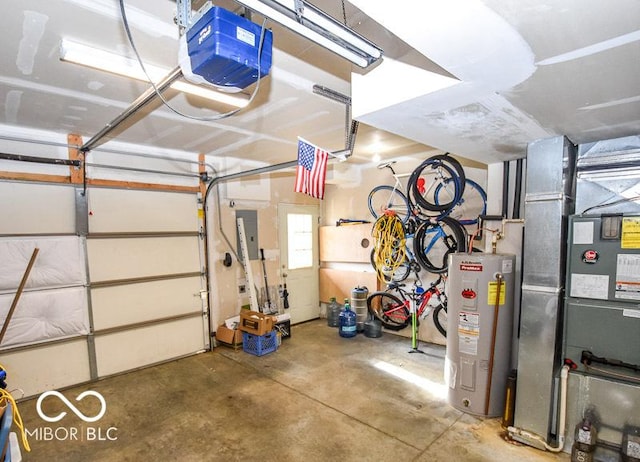 garage featuring electric panel, a garage door opener, and water heater