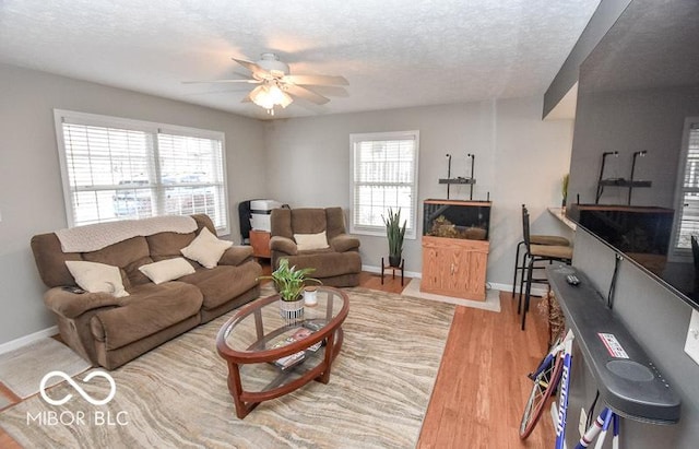 living room featuring hardwood / wood-style floors, a textured ceiling, and ceiling fan