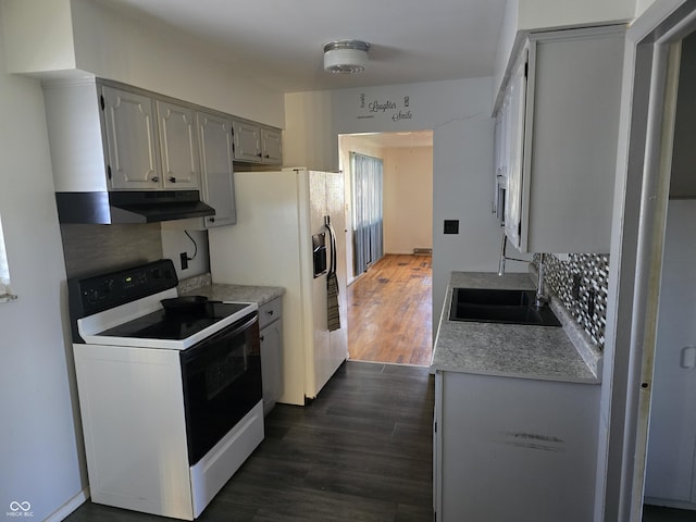 kitchen with gray cabinetry, backsplash, dark wood-type flooring, sink, and white range with electric stovetop