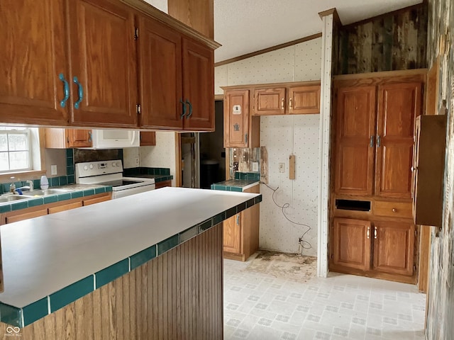 kitchen with white appliances, ornamental molding, tile countertops, sink, and lofted ceiling