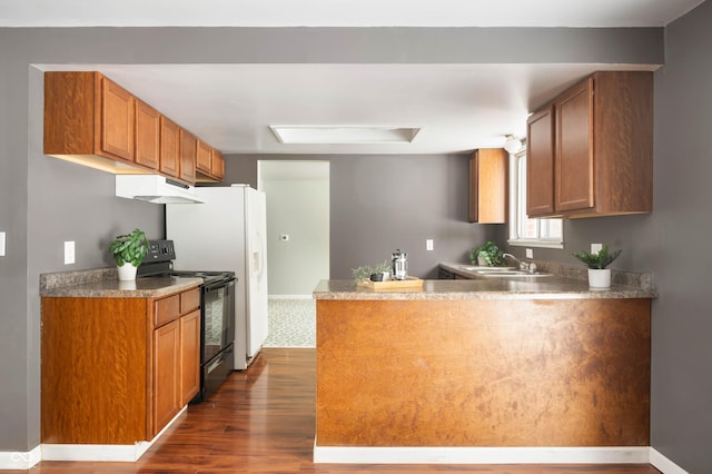 kitchen featuring black electric range oven, dark hardwood / wood-style floors, and sink