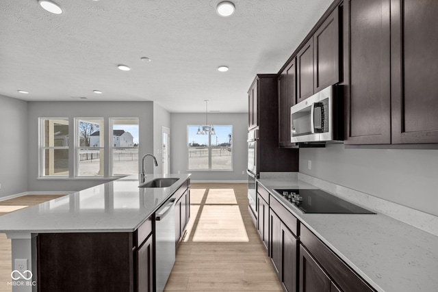 kitchen featuring an island with sink, stainless steel appliances, decorative light fixtures, light stone countertops, and sink