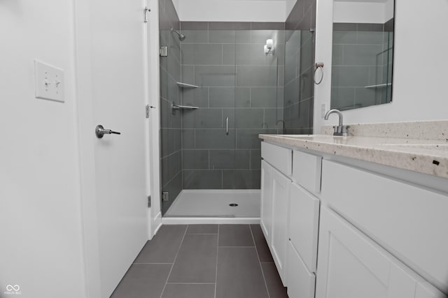 bathroom with tile patterned floors, vanity, and a shower with shower door