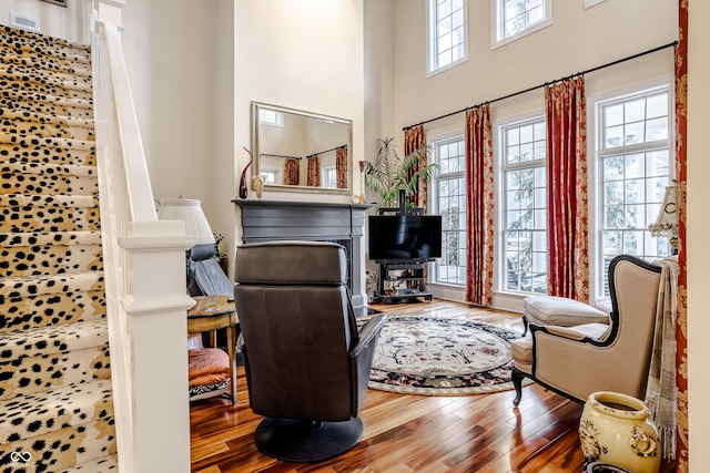 sitting room featuring a high ceiling, a healthy amount of sunlight, and hardwood / wood-style flooring