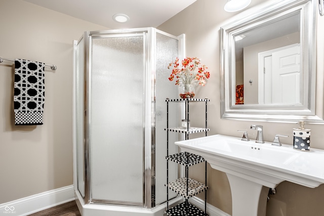 bathroom with sink, wood-type flooring, and walk in shower