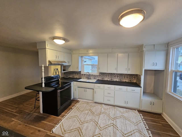 kitchen with a healthy amount of sunlight, sink, stainless steel range with electric cooktop, and white cabinets