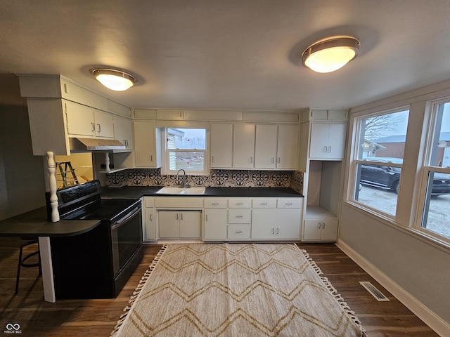 kitchen with range with electric stovetop, sink, white cabinets, and dark hardwood / wood-style flooring