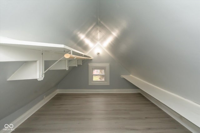 spacious closet featuring wood-type flooring and vaulted ceiling