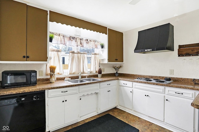 kitchen featuring sink, ventilation hood, white cabinetry, and black appliances