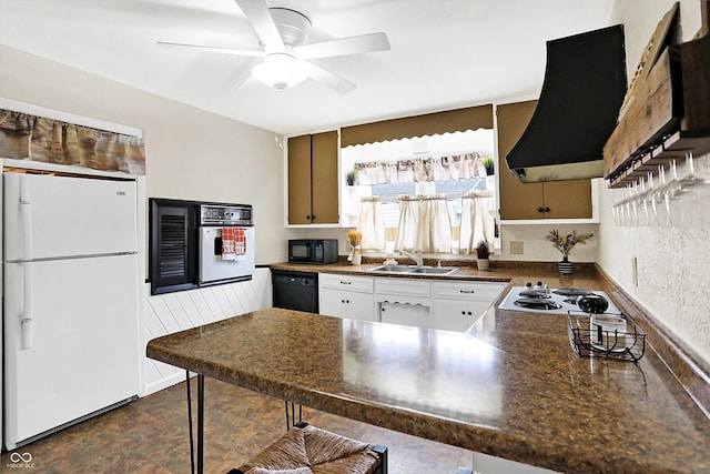 kitchen featuring ceiling fan, sink, black appliances, white cabinets, and exhaust hood