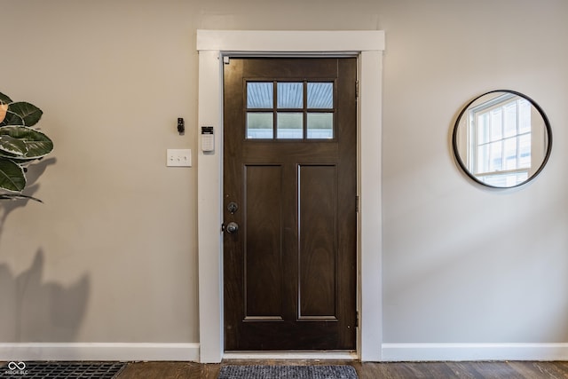 interior space with dark wood-type flooring