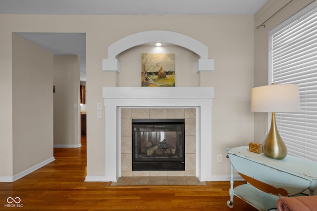 room details featuring a fireplace and wood-type flooring