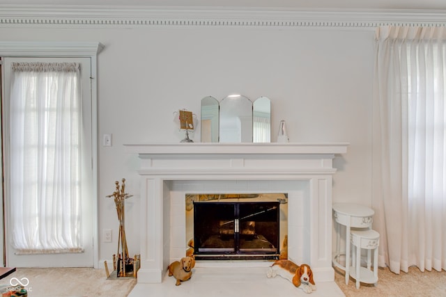 details featuring a tiled fireplace, carpet floors, and ornamental molding