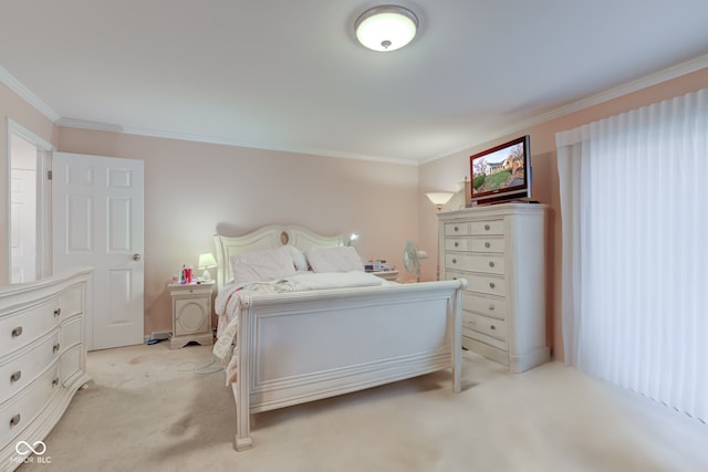 bedroom with light colored carpet and ornamental molding