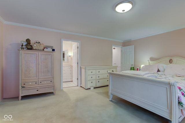 bedroom with connected bathroom, light colored carpet, and ornamental molding