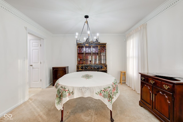 carpeted dining room with ornamental molding and a notable chandelier