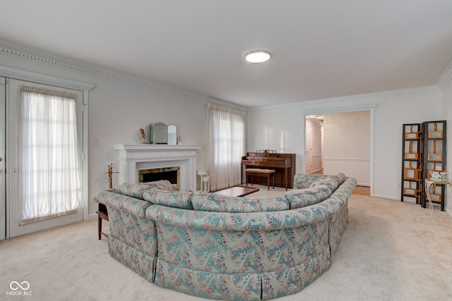 carpeted living room featuring ornamental molding