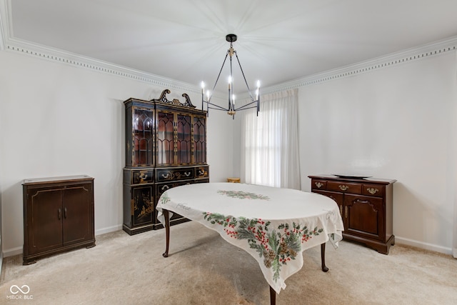 dining room with light colored carpet, an inviting chandelier, and crown molding