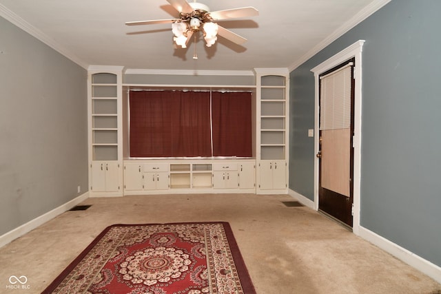 living room featuring light carpet, ceiling fan, and ornamental molding