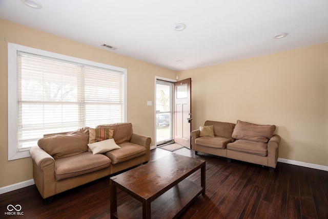 living room with dark wood-type flooring