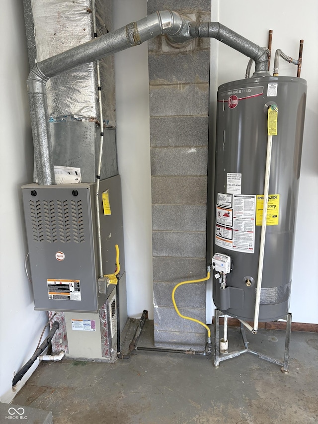 utility room with gas water heater and heating unit