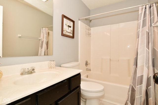 full bathroom with vanity, toilet, and shower / bathtub combination with curtain