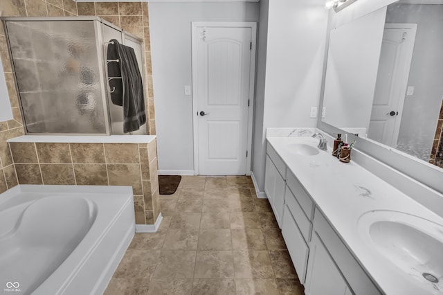 bathroom with plus walk in shower and vanity