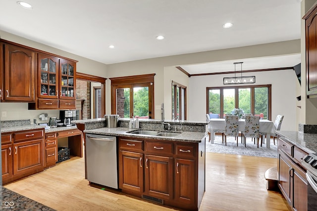 3592 W Smokey Row Rd, Bargersville, IN 46106 - kitchen with dishwasher, light wood-type flooring, light stone counters, recessed lighting, and glass insert cabinets