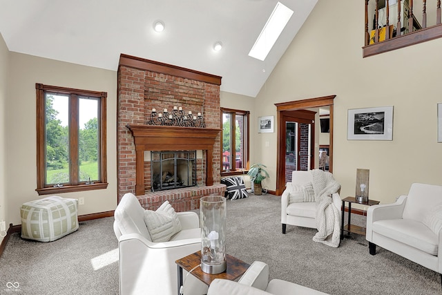 3592 W Smokey Row Rd, Bargersville, IN 46106 - carpeted living room featuring a skylight, healthy amount of natural light, a fireplace, high vaulted ceiling, and recessed lighting