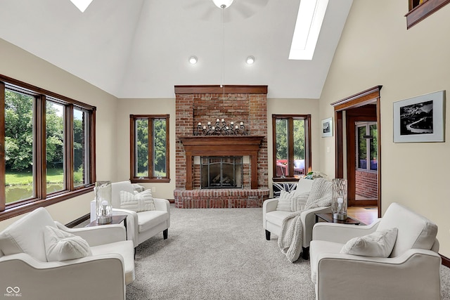 3592 W Smokey Row Rd, Bargersville, IN 46106 - living room featuring a skylight, carpet, high vaulted ceiling, healthy amount of natural light, and a fireplace